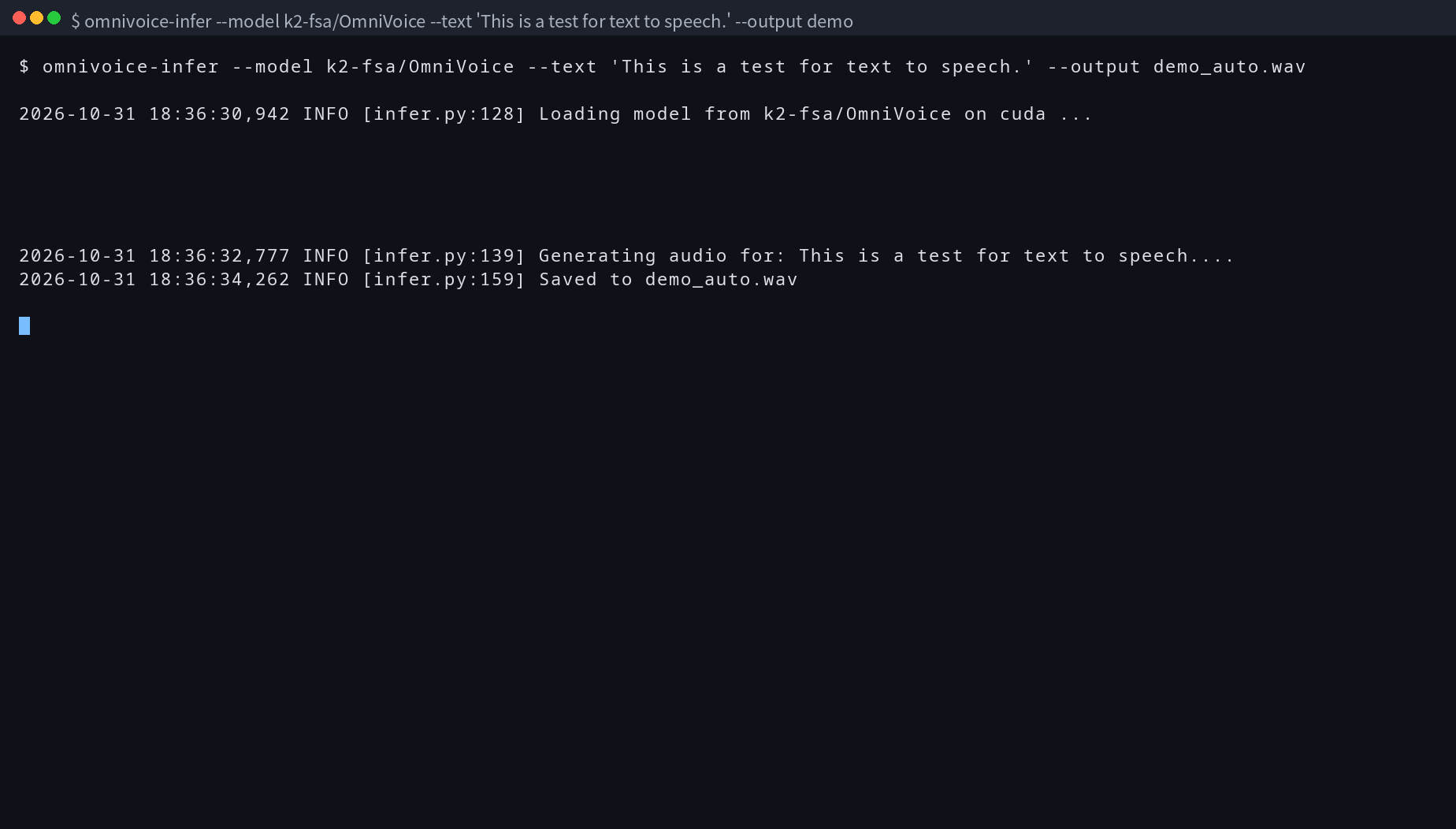 終端機畫面：自動語音生成（omnivoice-infer --model k2-fsa/OmniVoice --text 'This is a t）