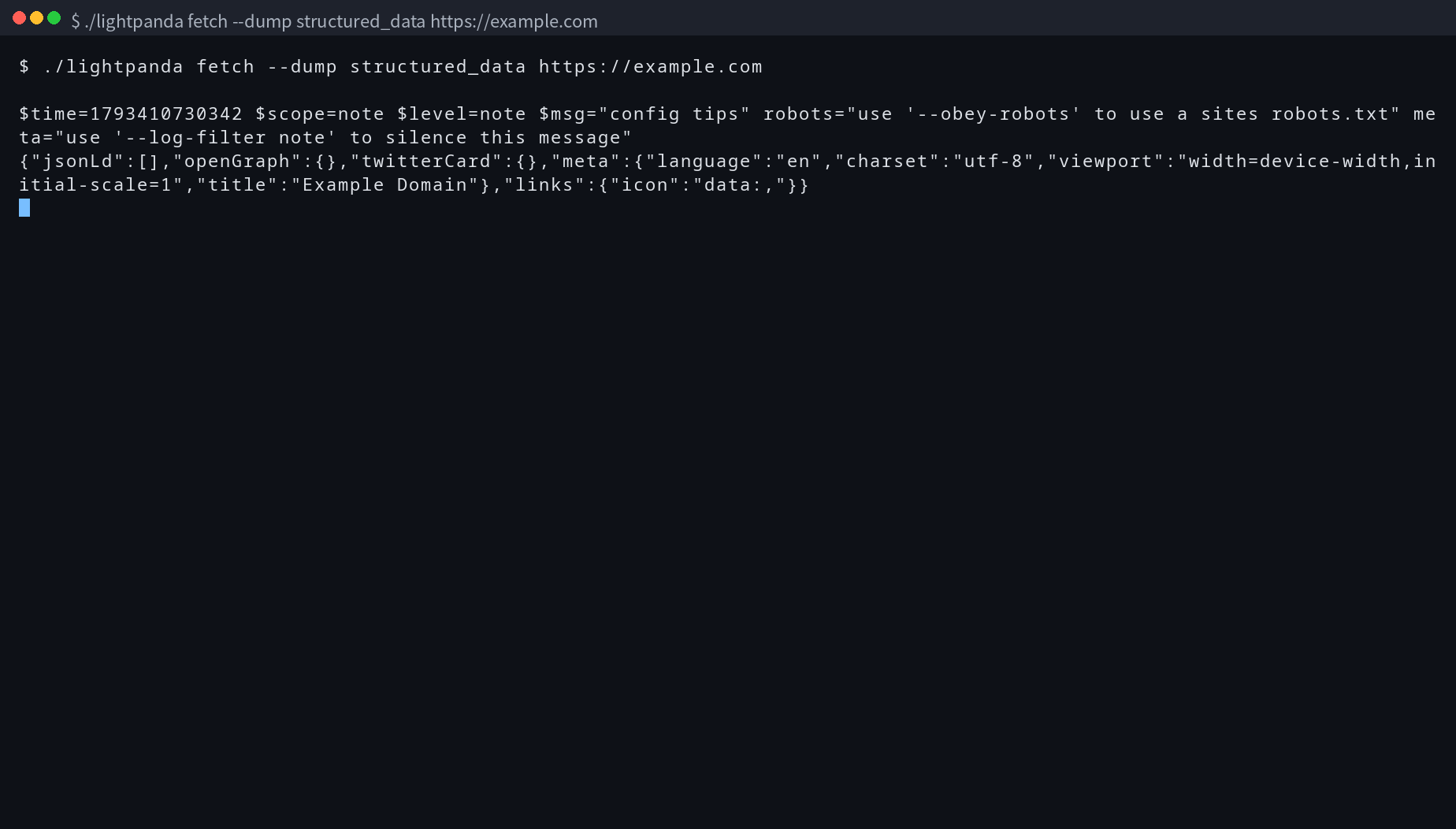 終端機畫面：提取結構化數據（./lightpanda fetch --dump structured_data https://example.co）