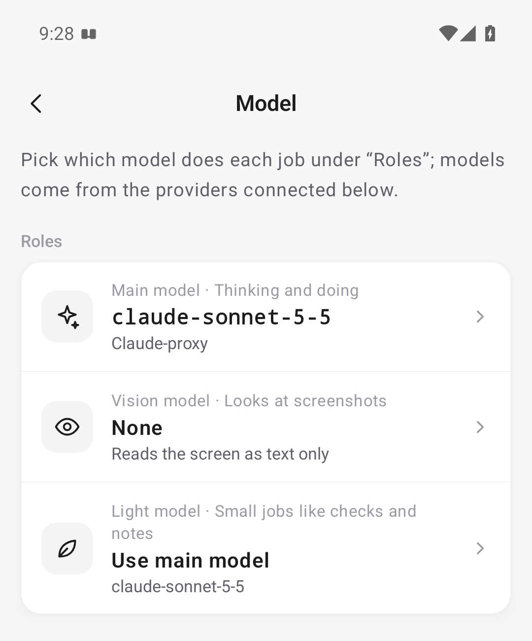 Model 頁：上半是三個角色，下半是接好的服務商；本站接了 Ollama 與一個自訂的 Anthropic 端點