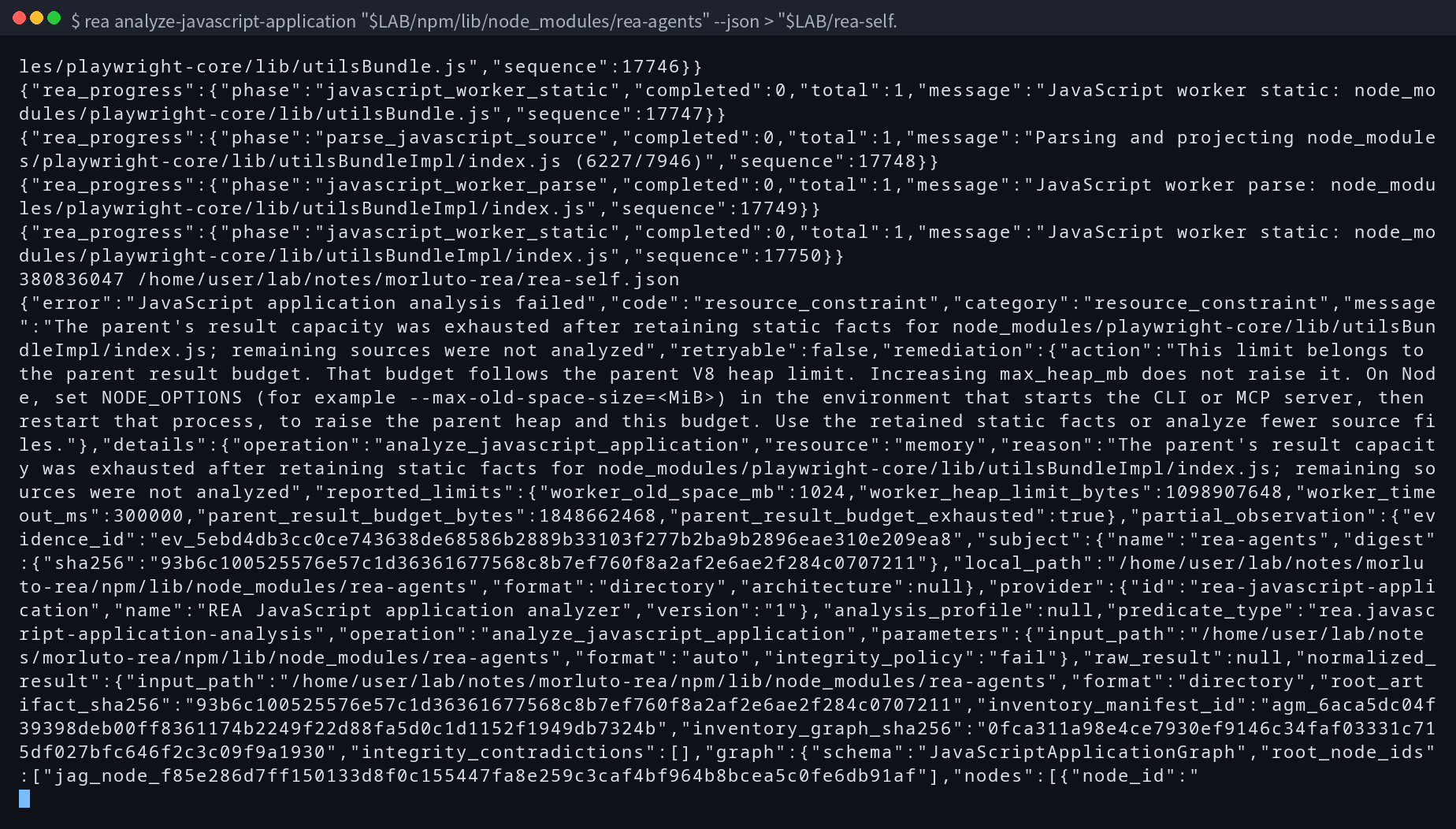 終端機畫面:分析 rea-agents 自己這個套件(rea analyze-javascript-application "$LAB/npm/lib/node_module)