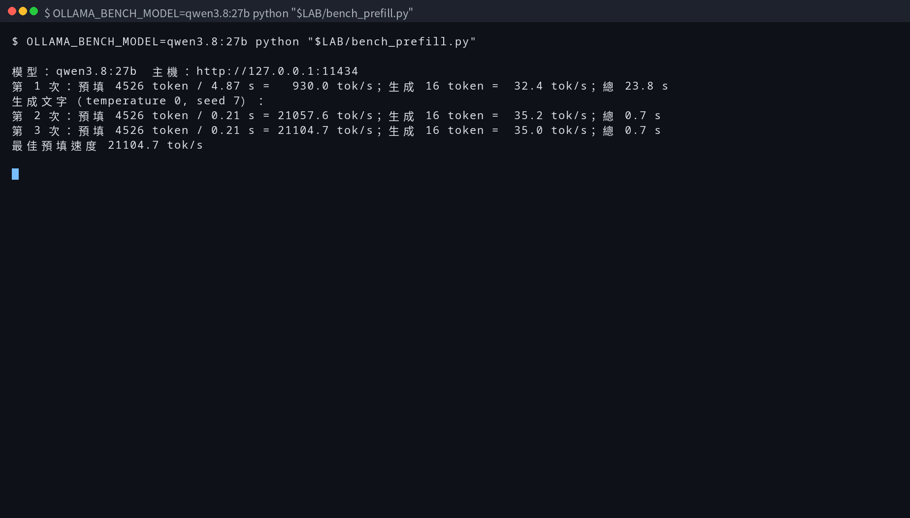 終端機畫面：修正後：Ollama 預填速度（OLLAMA_BENCH_MODEL=qwen3.8:27b python "$LAB/bench_prefill.py）